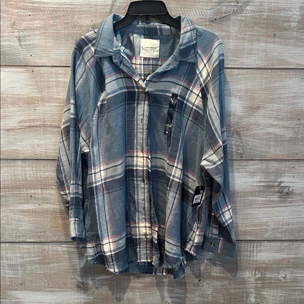 NWT LUCKY BRAND Blue and White Plad flannel size L